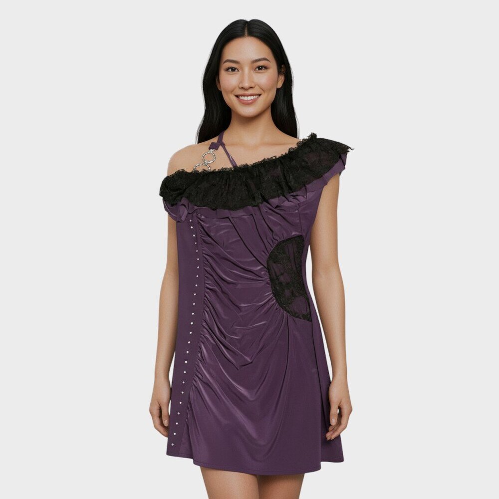 Purple One Shoulder Bodycon Dress Womens Large Lace Cutout Baddie Sleek Jewels